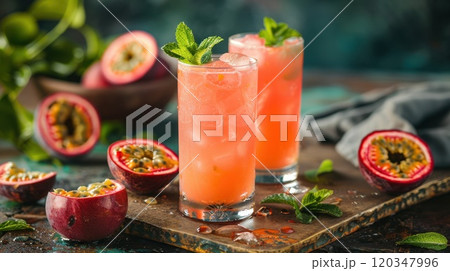 freshly squeezed orange juice in a glass on the table with citrus fruits 120347996