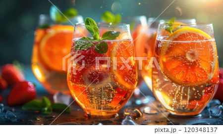 freshly squeezed fruit juice in glasses on the table. Glasses with fruit juice on the bar 120348137