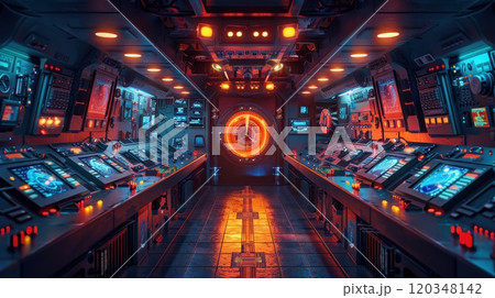Control center on a warship. Situation in the control room. Submarine control room 120348142