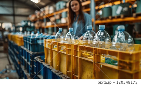Workers sort plastic bottles for recycling. A new garbage collection point for recycling is being opened Workers sort plastic bottles for recycling. A new garbage collection point for recycling is being opened 120348175