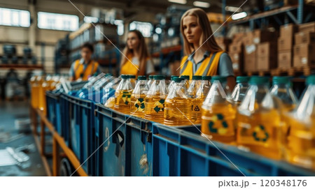 Workers sort plastic bottles for recycling. A new garbage collection point for recycling is being opened 120348176