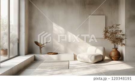 The bright living room is decorated in pastel colors. Stylish living room with large window 120348191