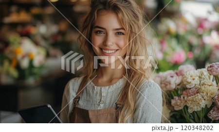 Beautiful Smiling Woman Using smart Phone,tablet in Flower Shop Generative AI 120348202