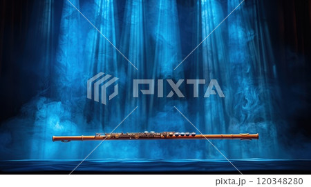 A modern flute with playing holes on a black background. Musical instrument flute 120348280