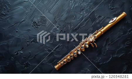 A modern flute with playing holes on a black background. Musical instrument flute 120348281