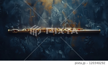 A modern flute with playing holes on a black background. Musical instrument flute 120348292