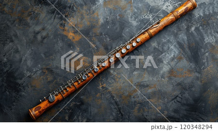 A modern flute with playing holes on a black background. Musical instrument flute 120348294