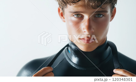 Young man preparing for surfing adventure in wetsuit close-up 120348301