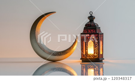 Crescent moon and lantern - elegant eid decor design for prints 120348317