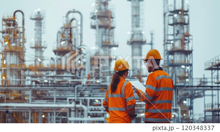 Two male engineers in uniform discuss issues on the refining and maintenance system at the refinery 120348337