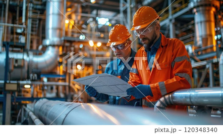 Two male engineers in uniform discuss issues on the refining and maintenance system at the refinery Two male engineers in uniform discuss issues on the refining and maintenance system at the refinery 120348340