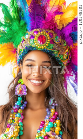 Vibrant carnival celebration with young woman wearing colorful feather headdress Vibrant carnival celebration with young woman wearing colorful feather headdress 120348381