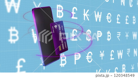 Image of smartphone and currency icons and credit card over blue background Image of smartphone and currency icons and credit card over blue background 120348549