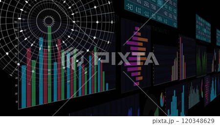 Image of digital data processing and globe over black background 120348629