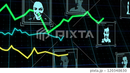 Image of financial data processing and biometric photos over black background 120348630