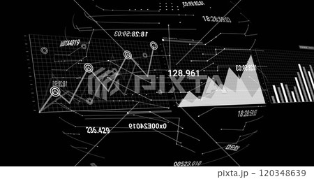 Image of financial data processing and globe over black background 120348639