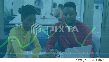 Image of financial data processing over diverse business people using laptop 120348742