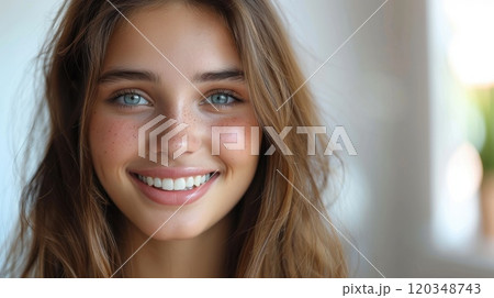 Close-up of the face of a smiling girl with curly hair on a white background 120348743
