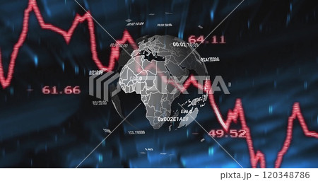 Image of data processing and statistics over globe Image of data processing and statistics over globe 120348786