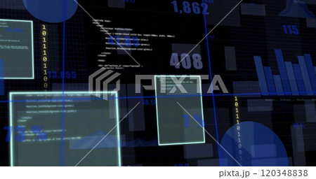 Image of charts and processing data interface screens on black background 120348838