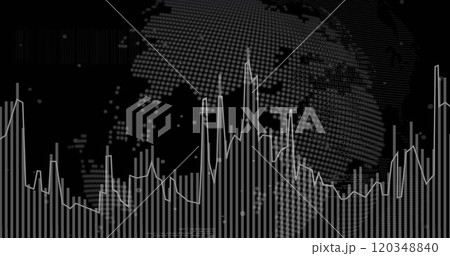 Image of white pixel globe and graph processing data on black background 120348840