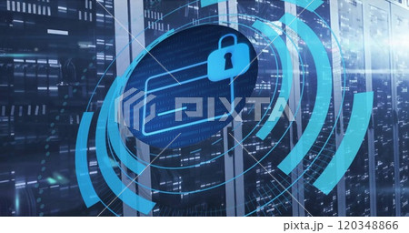 Image of circular scanner processing bank card with padlock icon over server room Image of circular scanner processing bank card with padlock icon over server room 120348866