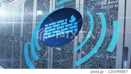 Image of circular scanner processing firewall data over network and server room 120348867