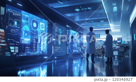 A group of doctors are looking at a computer screen in a hospital. The computer screen is displaying a variety of medical images and data. Scene is serious and focused 120348927