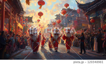 Chinese New year A group of people are playing instruments and dancing in a street. The scene is lively and festive, with many people gathered to watch the performance 120348981