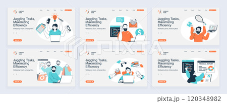 Multitasking concept of landing page with slide templates set in flat design. Website headers with people calling, working, earning money and doing tasks in same time in office. Vector illustrations. 120348982