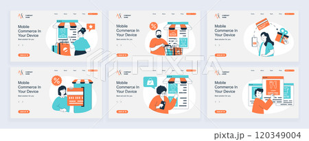 Mobile commerce concept of landing page with slide templates set in flat design. Website headers with people making purchases using app, paying online orders with credit cards. Vector illustrations. Mobile commerce concept of landing page with slide templates set in flat design. Website headers with people making purchases using app, paying online orders with credit cards. Vector illustrations. 120349004