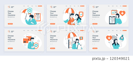 Insurance concept of landing page with slide templates set in flat design. Website headers with people using protection service agreement for saving health, family, finance. Vector illustrations. 120349021
