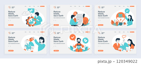 Green sustainable environment concept of landing page with slide templates set in flat design. Website headers with people take care of nature, using clean alternative resource. Vector illustrations. 120349022