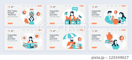 Financial literacy concept of landing page with slide templates set in flat design. Website headers with people saving money, managing and control personal finance, invest money. Vector illustrations. 120349027