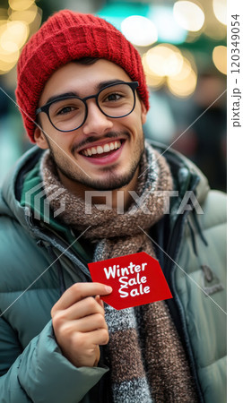 Winter sale promotion with smiling male model in warm attire 120349054
