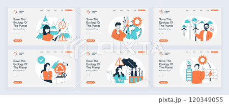 Ecology concept of landing page with slide templates set in flat design. Website headers with people stop forest fires, climate changes with warming, using alternative energy. Vector illustrations. 120349055