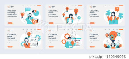 Creative business concept of landing page with slide templates set in flat design. Website headers with people thinking, finding best solutions, brainstorming, develop company. Vector illustrations. 120349068