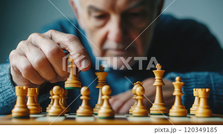 Concentration and strategy: senior playing chess in studio setting 120349185
