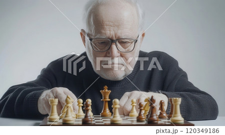 Elderly man engaged in thoughtful chess game strategy in studio setting 120349186