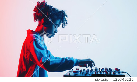 Dj in action: young professional in studio with headphones and mixer Dj in action: young professional in studio with headphones and mixer 120349220