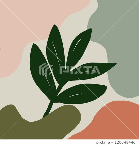 Abstract illustration featuring a dark green leafy branch set against an organic backdrop of muted earthy hues, including soft peach, olive green, and sage. Abstract illustration featuring a dark green leafy branch set against an organic backdrop of muted earthy hues, including soft peach, olive green, and sage. 120349440