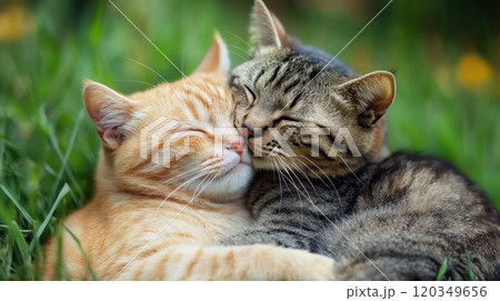National Cat Lovers Month Adorable cats cuddling together in a peaceful garden setting National Cat Lovers Month Adorable cats cuddling together in a peaceful garden setting 120349656