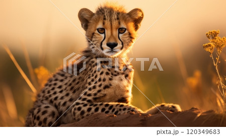 International Cheetah Day Serene cheetah cub relaxing at sunset in golden savannah landscape 120349683