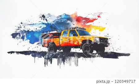 SKYWARN Recognition Day Colorful abstract painting of a vintage yellow pickup truck on white background 120349717