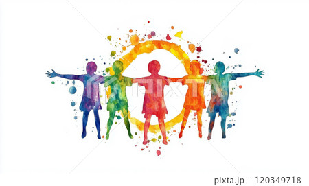Colorful silhouettes of children embracing diversity against a splash of artistic colors 120349718