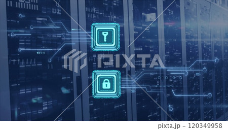 Image of digital data processing, padlock and key icons, circuit board and computer servers 120349958