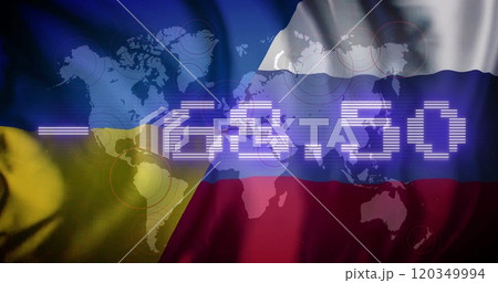 Digital numbers image over Ukraine and Russia flags with world map background 120349994