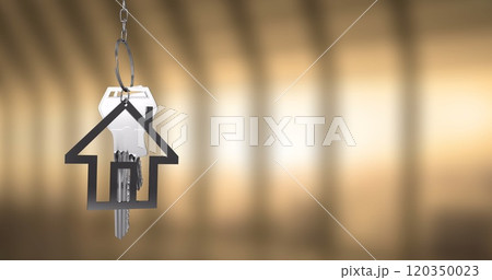 House-shaped keychain image over blurred background with warm tones House-shaped keychain image over blurred background with warm tones 120350023