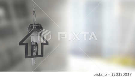 House-shaped keychain image over blurred background 120350037