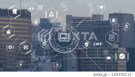 Image of digital icons and data processing over cityscape 120350112